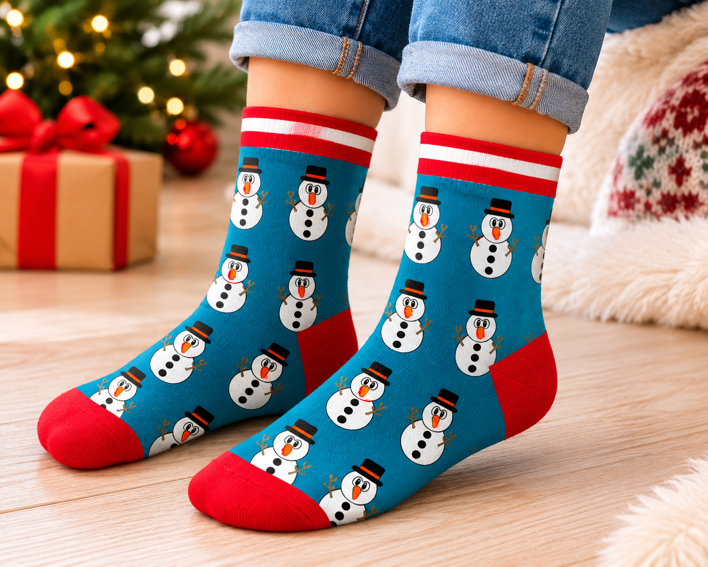 Blue Overall Snowman Christmas Kids Socks