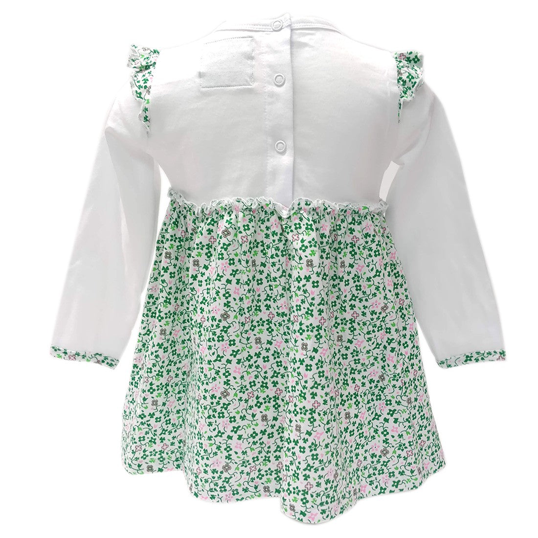 White/ Overall Print Shamrock Applique Long Sleeve Baby Dress