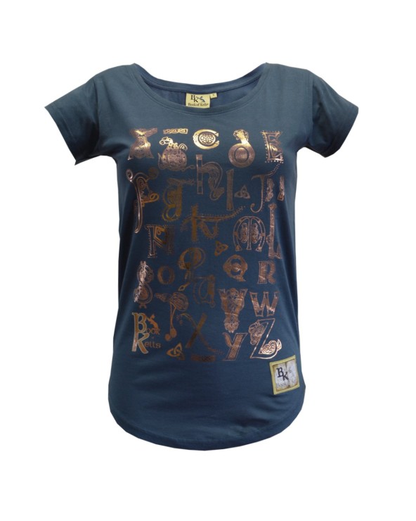 Book of Kells Petrol/ Bronze Foil Alphabet Ladies T-shirt