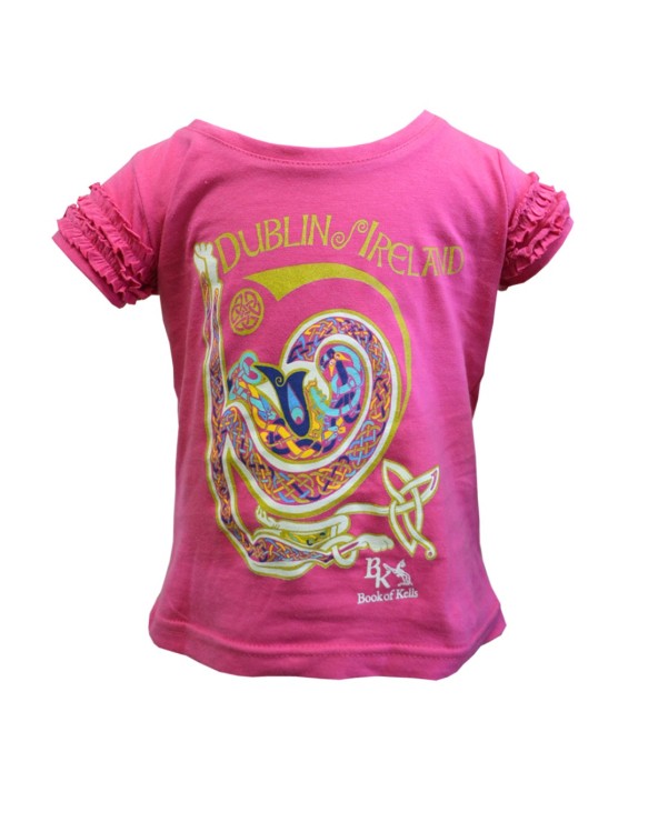 Book of Kells Cerise Pink Celtic Swirl Frill Girls T-shirt