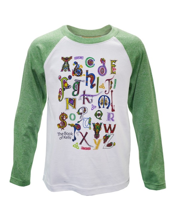 Book of Kells White/ Green Grindle Alphabet Kids Long Sleeve Raglan T-shirt