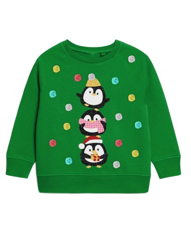 Green Glitter Penguins Kids Sweatshirt