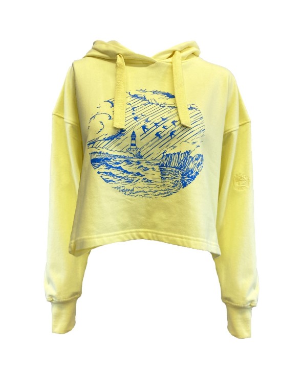 Green Island Lighthouse Sketch Cropped Ladies Hoodie in Yellow