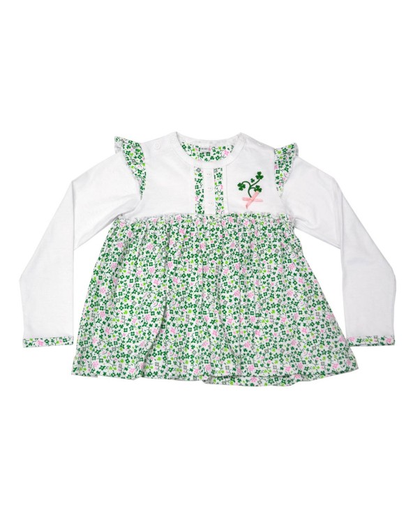 White/ Overall Print Shamrock Applique Long Sleeve Baby Dress