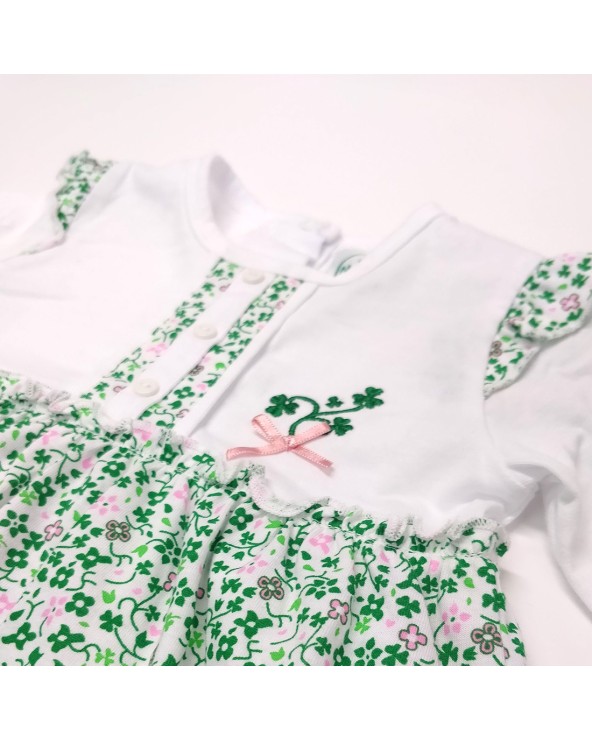 White/ Overall Print Shamrock Applique Long Sleeve Baby Dress