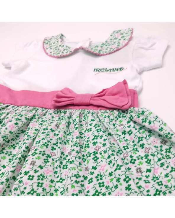 White/ Overall Print Shamrock Pink Bow Kids Dress