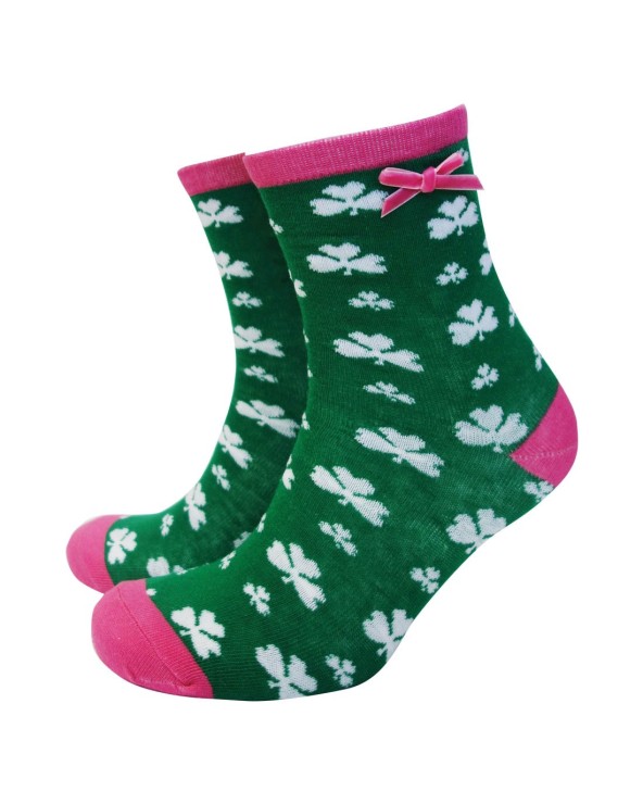 Traditional Craft Green/ Pink Bow Shamrock Ladies Ankle Socks