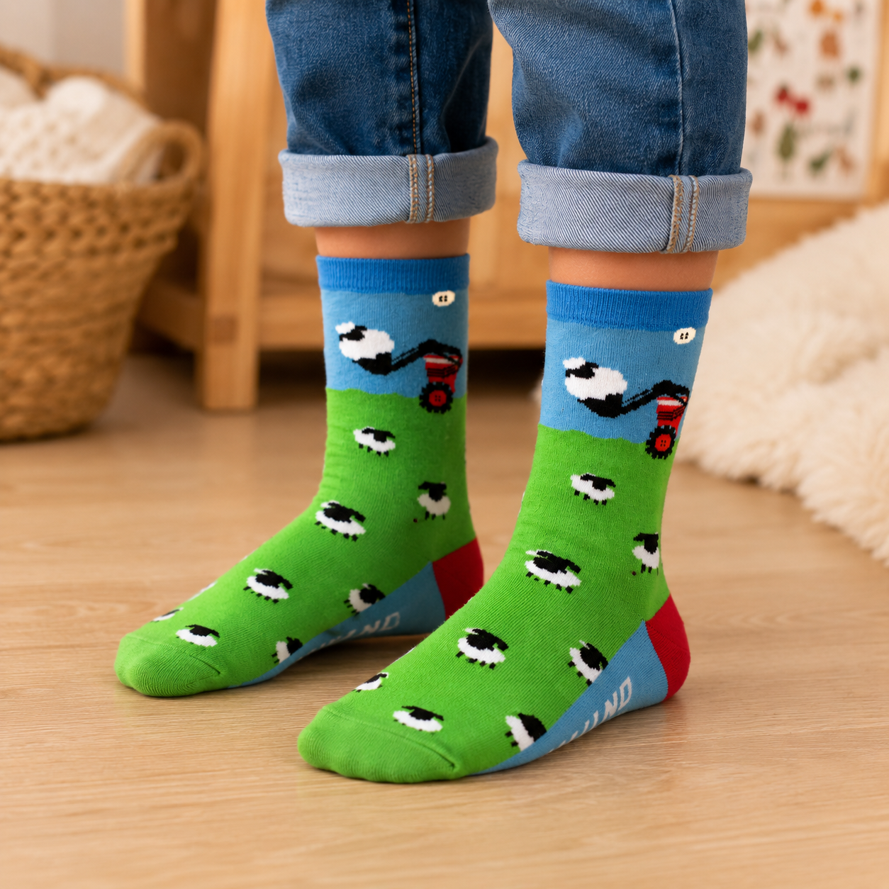 Sheep & Tractor Kids Socks in Green & Blue