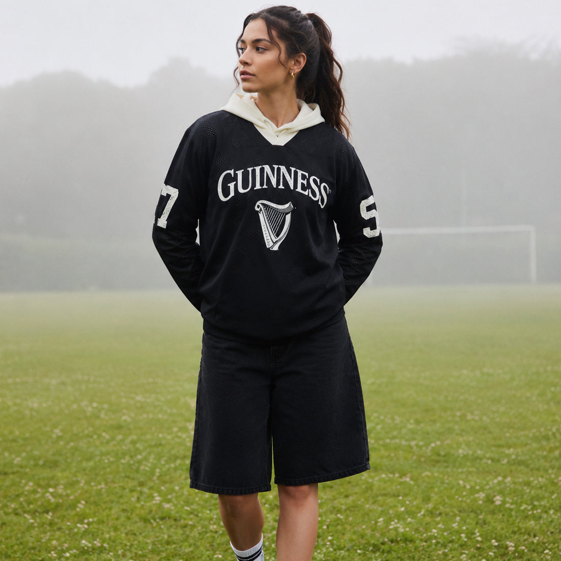 Guinness Harp Long Sleeve Mesh Top in Black
