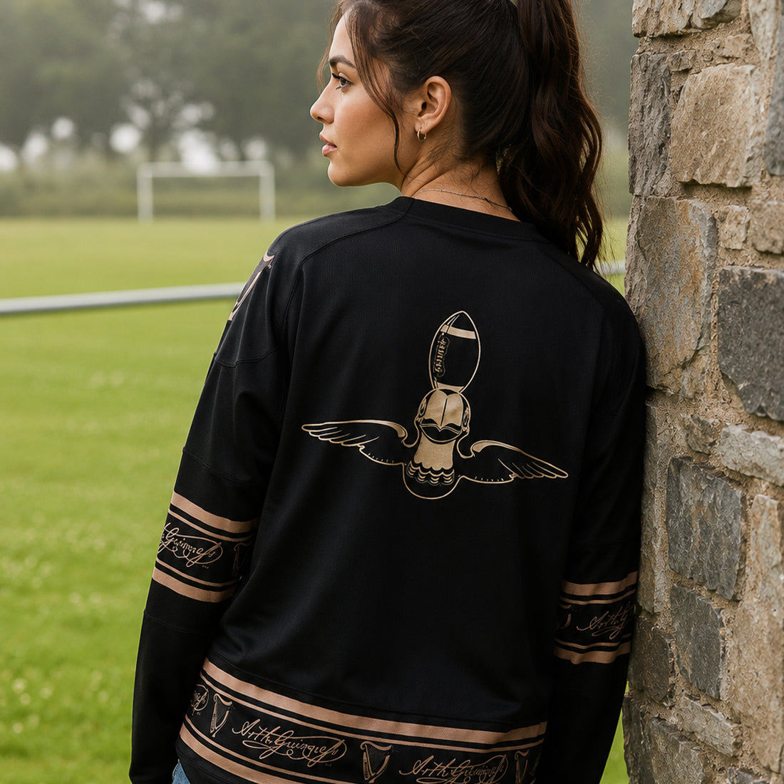 Guinness Toucan Mesh Long Sleeve Top in Black & Gold