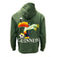 Green hoodie with Guinness logo featuring a toucan, soccer ball, and shamrock on a white background