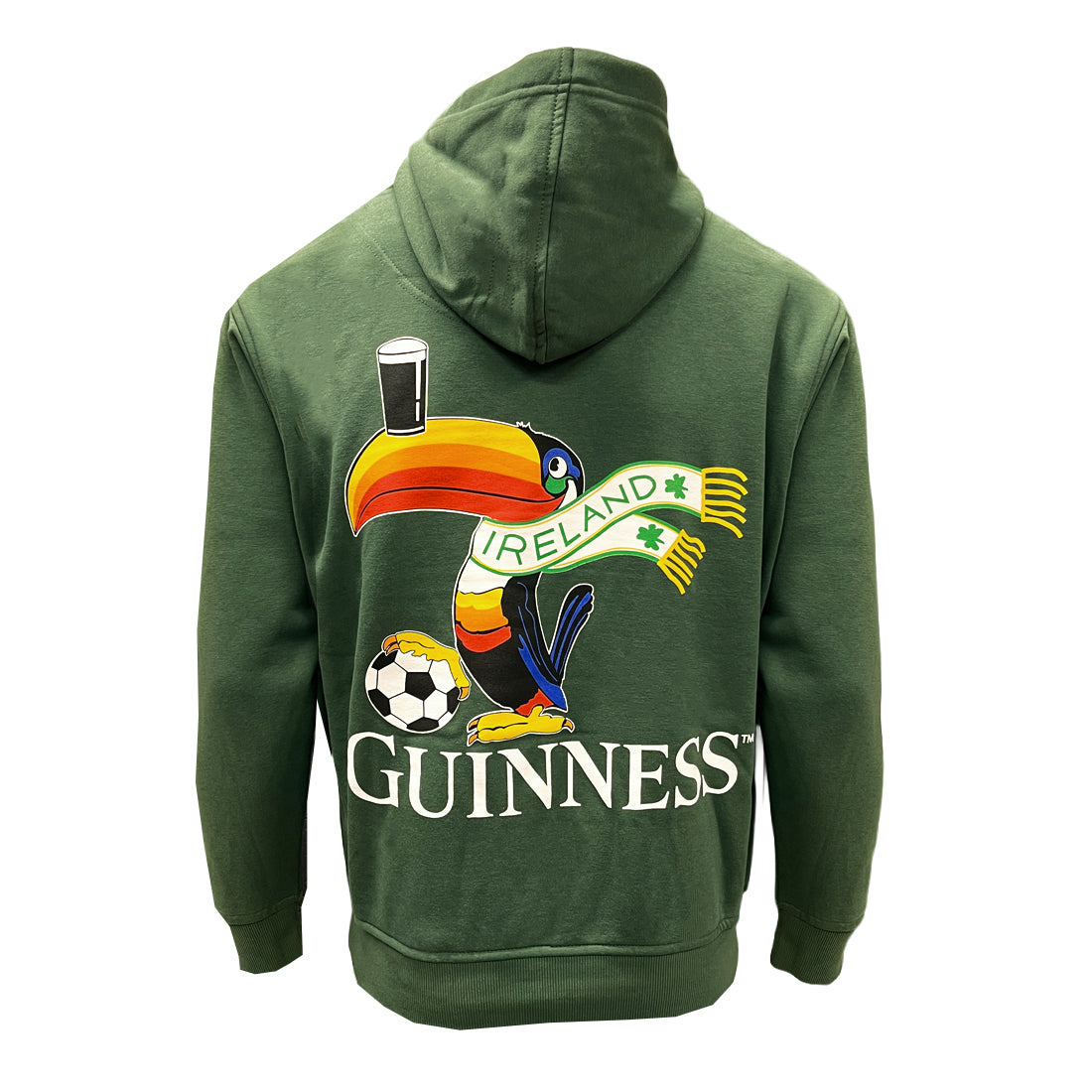Green hoodie with Guinness logo featuring a toucan, soccer ball, and shamrock on a white background