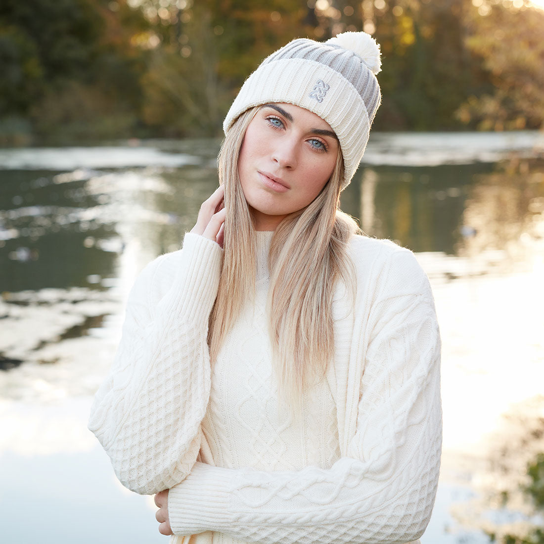 Rib Knit Bobble Hat in Taupe & Cream