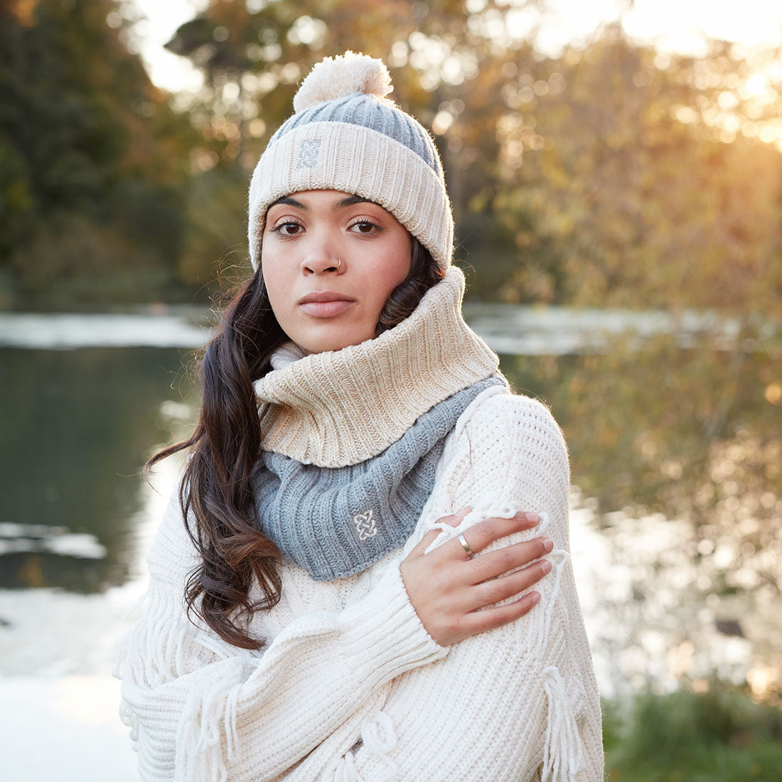 Melange Rib Knit Snood in Grey & Cream