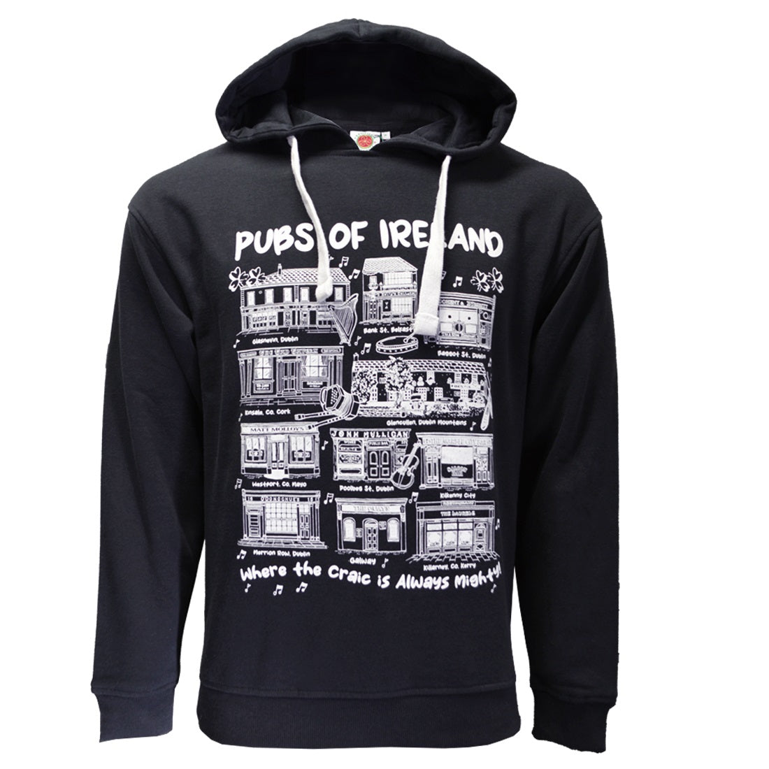 Black hoodie with 'Pubs of Ireland' graphic design on a white background