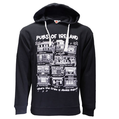 Black hoodie with 'Pubs of Ireland' graphic design on a white background