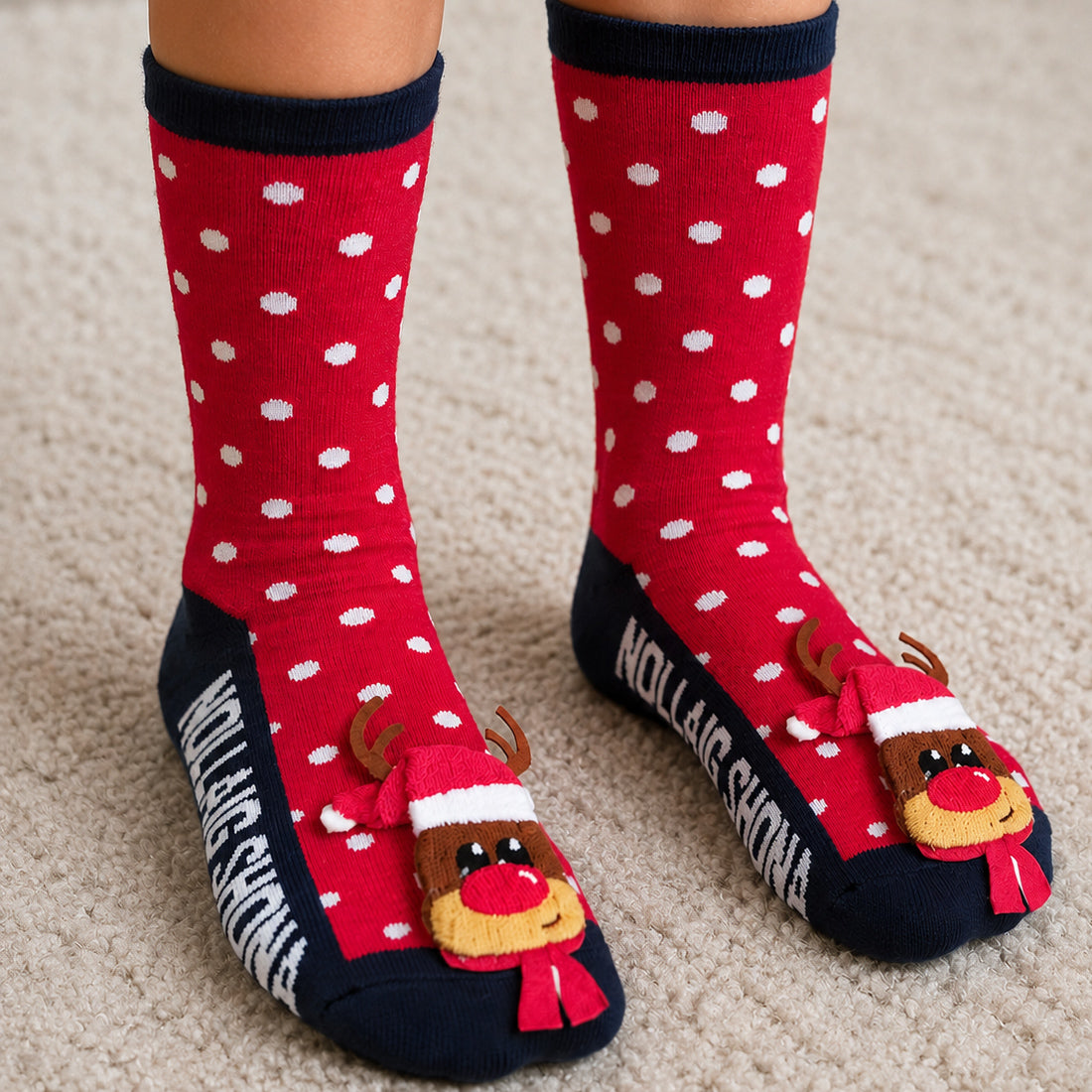 Xmas Deer Novelty Kids Socks in Red & Navy