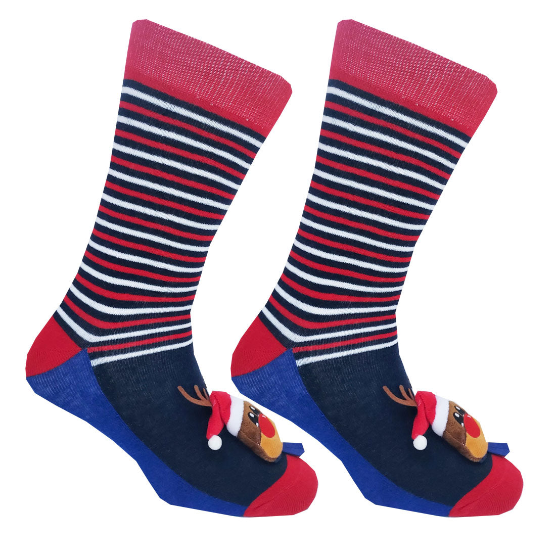 3D Deer Novelty Christmas Mens Socks in Navy & Red