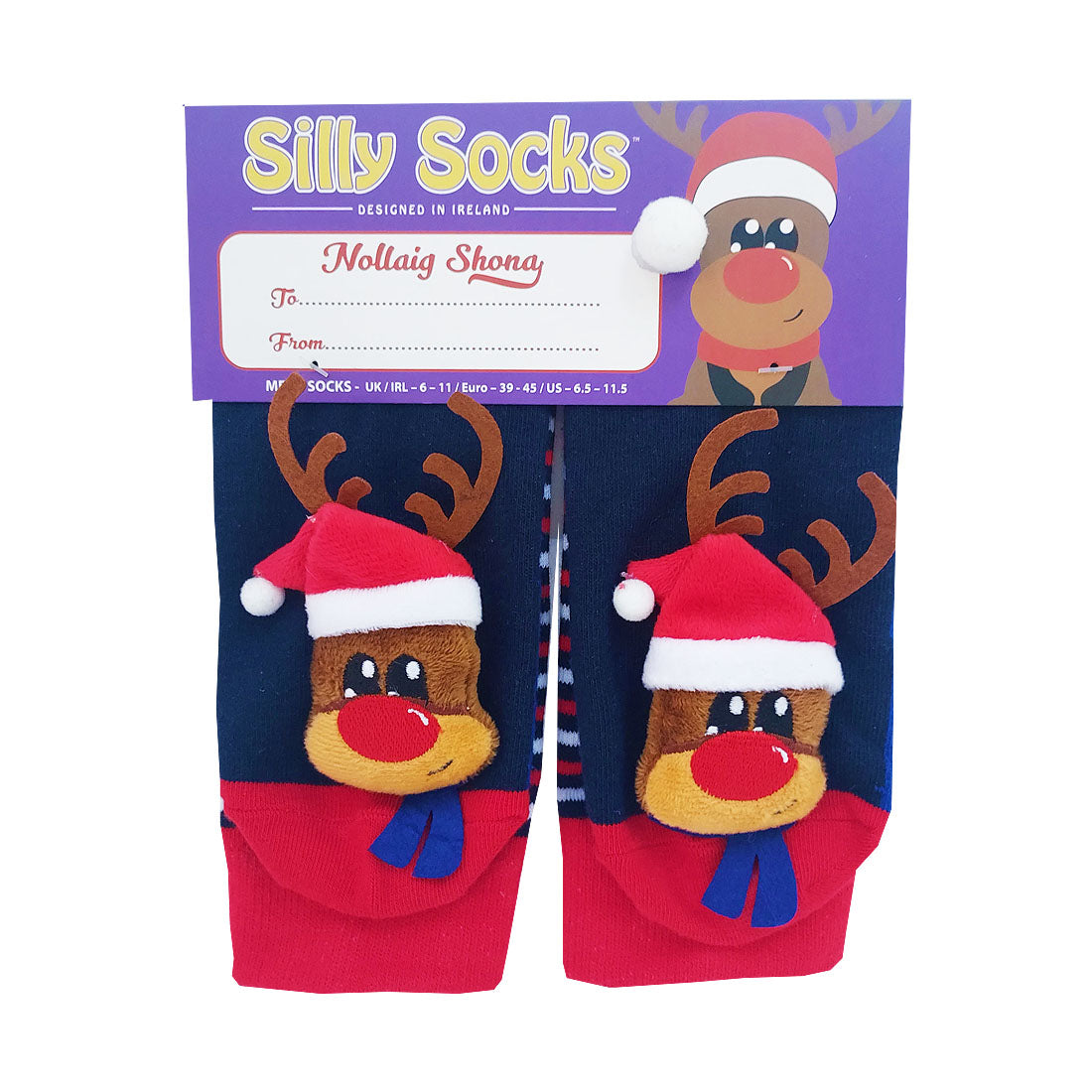 3D Deer Novelty Christmas Mens Socks in Navy & Red