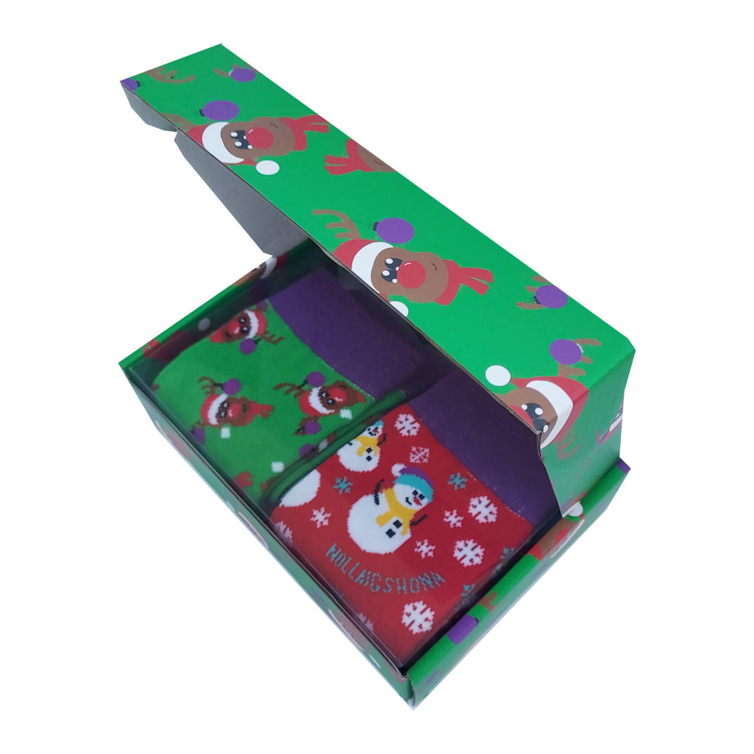 Rudolph Two Pack Mens Socks in Green & Purple
