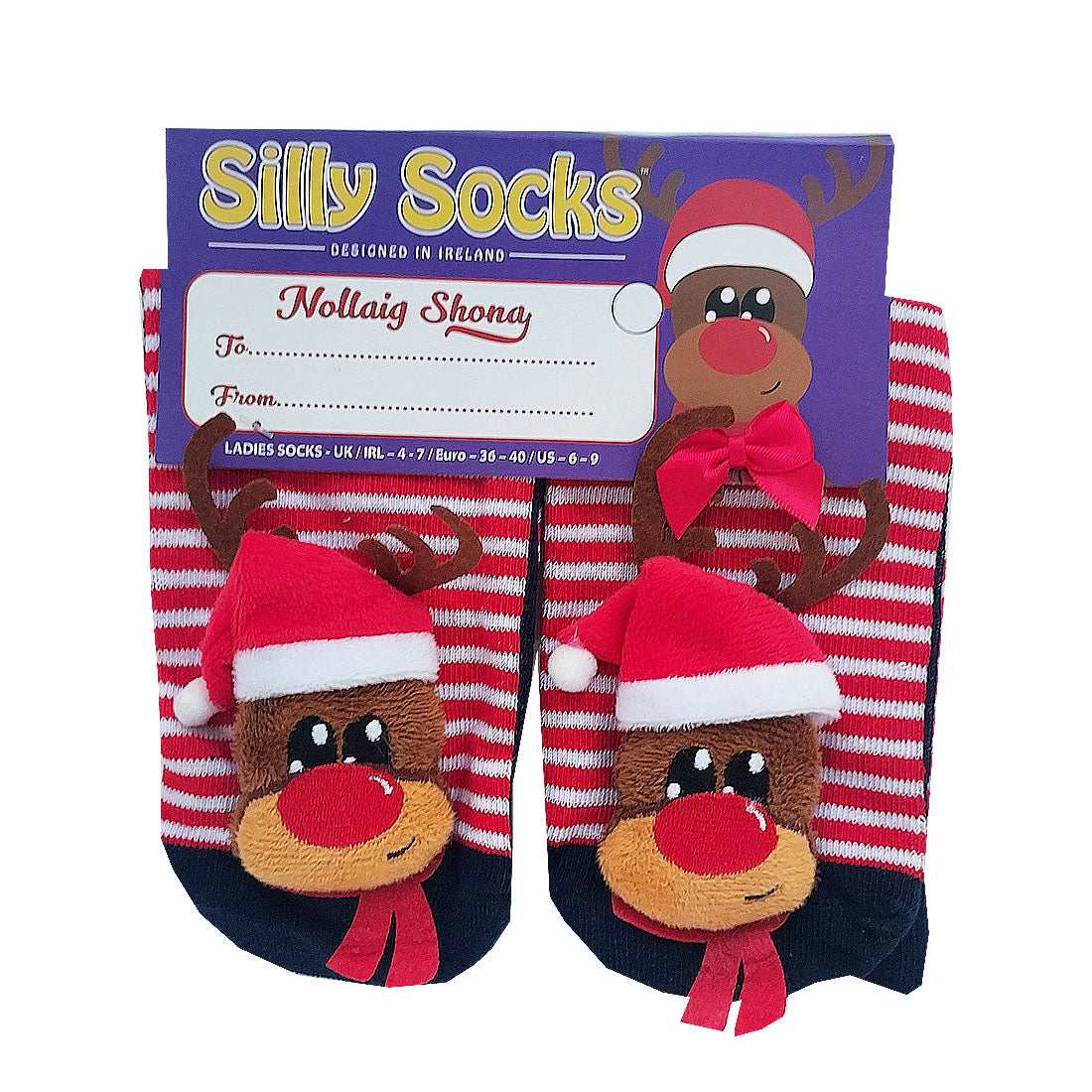 3D Deer Novelty Christmas Ladies Socks in Red & Navy