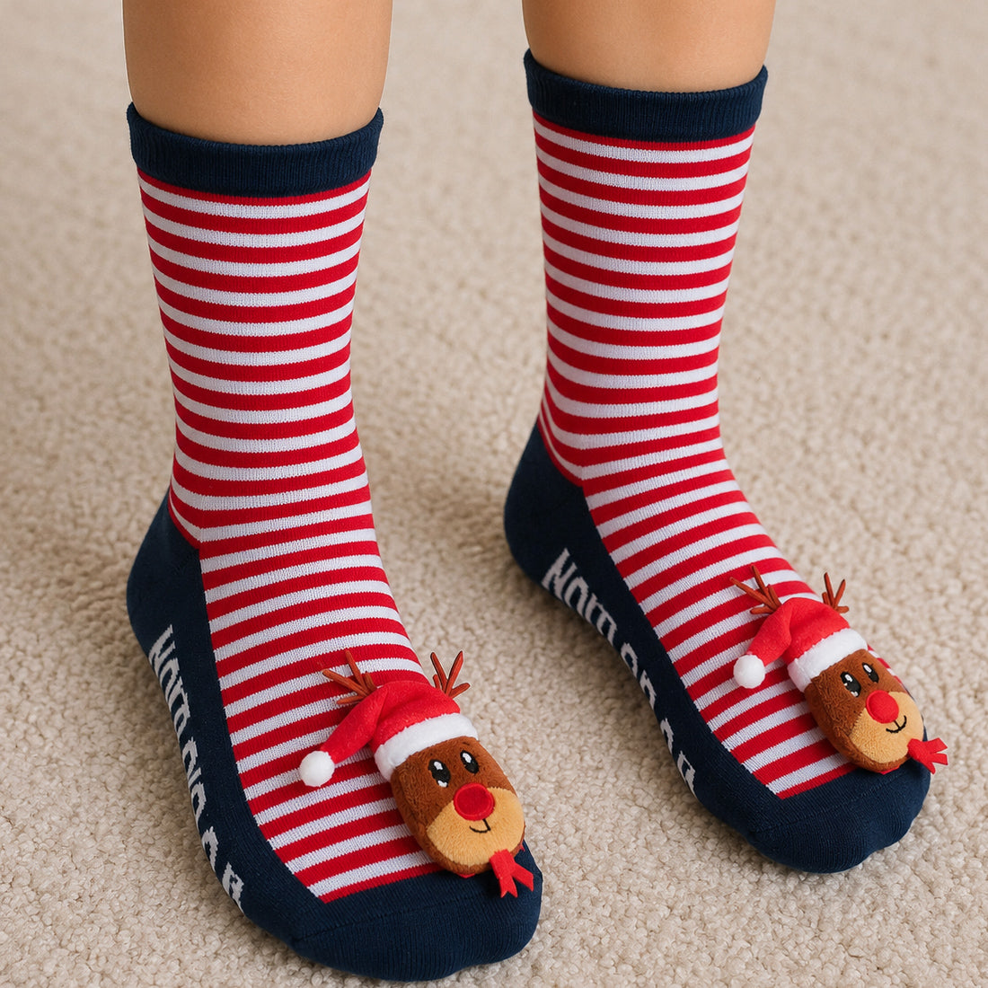 3D Deer Novelty Christmas Ladies Socks in Red & Navy