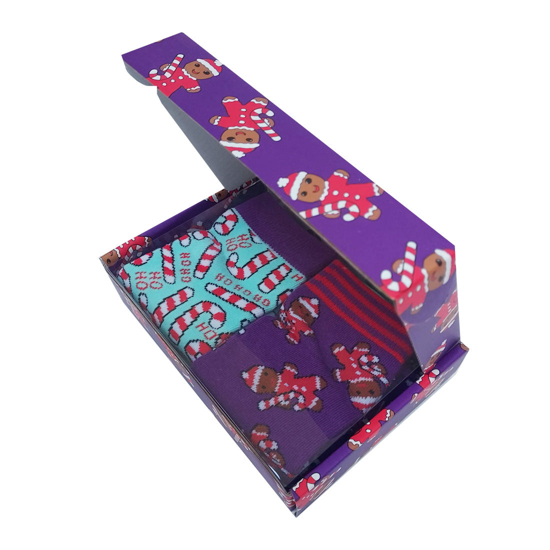 Gingerbread Christmas Ladies Sock Set in Purple & Turquoise