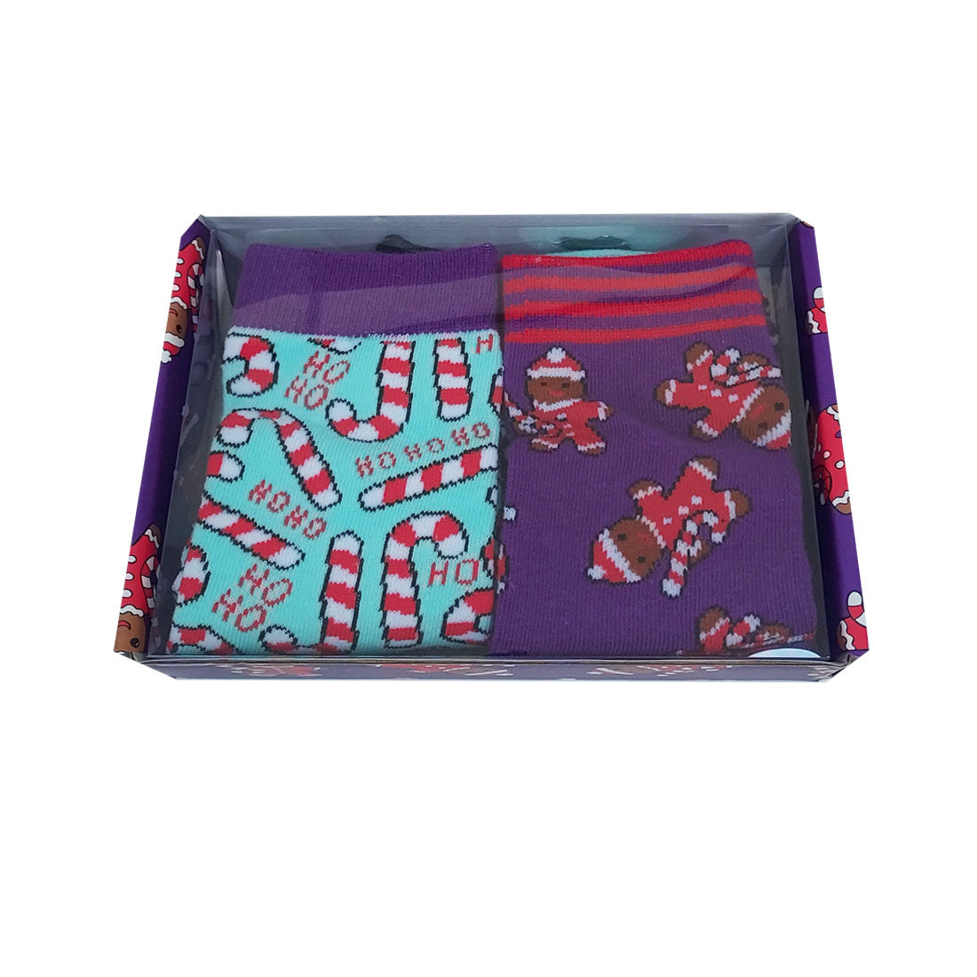 Gingerbread Christmas Ladies Sock Set in Purple & Turquoise