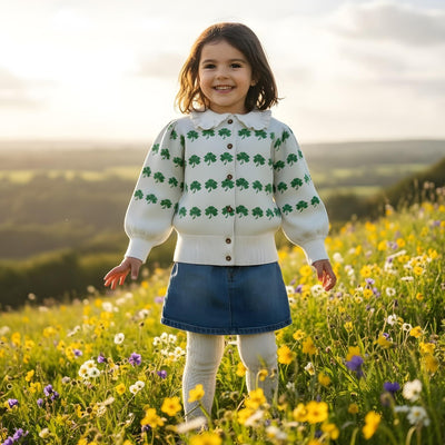 All-Over Shamrock Kids Cardigan in White