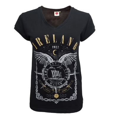 Ireland ‘Viking Ship Wings’ V-Neck Ladies T-Shirt in Black