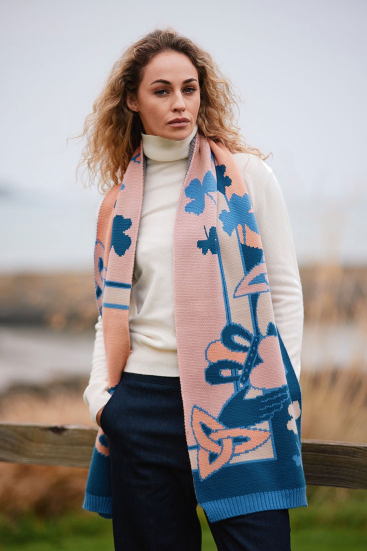 Claddagh Knit Scarf in Blue & Salmon