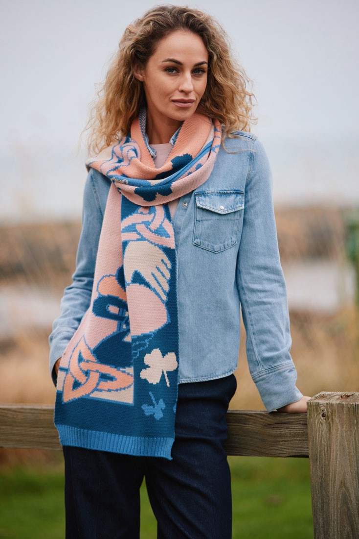 Claddagh Knit Scarf in Blue & Salmon
