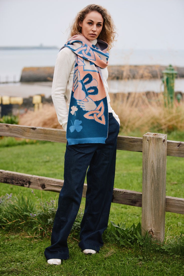 Claddagh Knit Scarf in Blue & Salmon