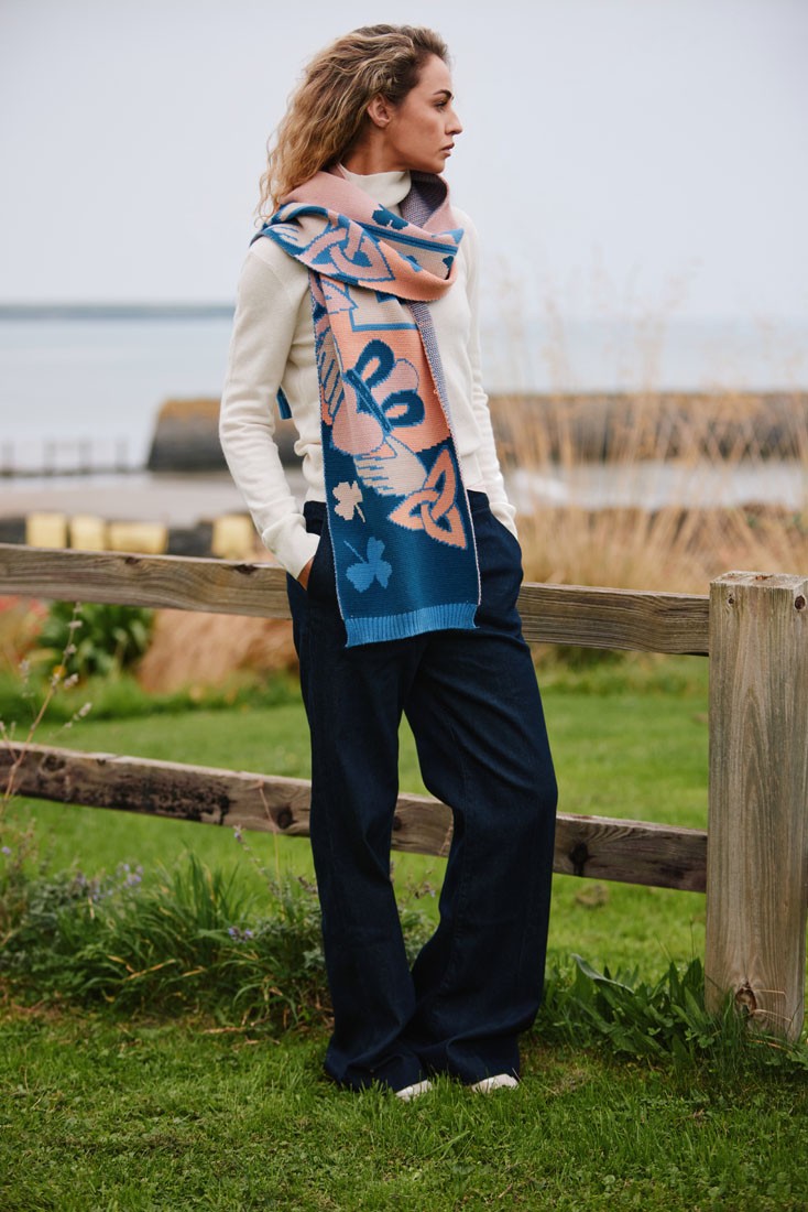 Claddagh Knit Scarf in Blue & Salmon