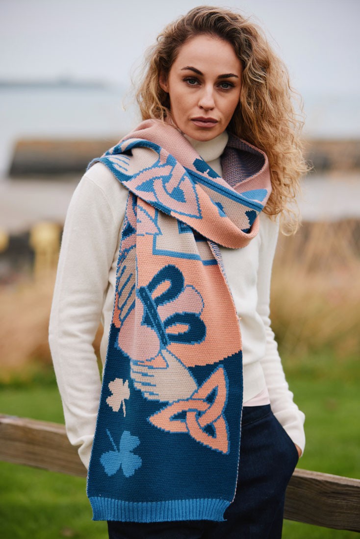 Claddagh Knit Scarf in Blue & Salmon