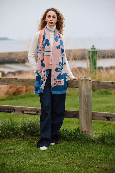 Claddagh Knit Scarf in Blue & Salmon