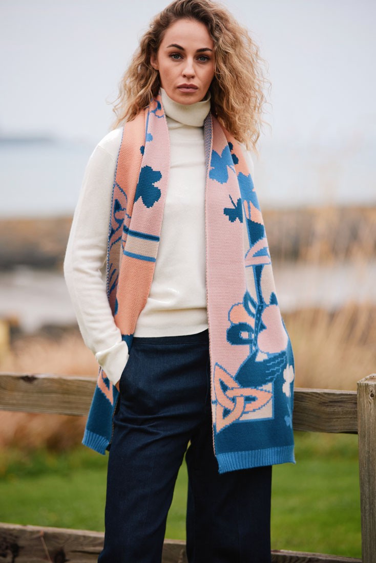 Claddagh Knit Scarf in Blue & Salmon