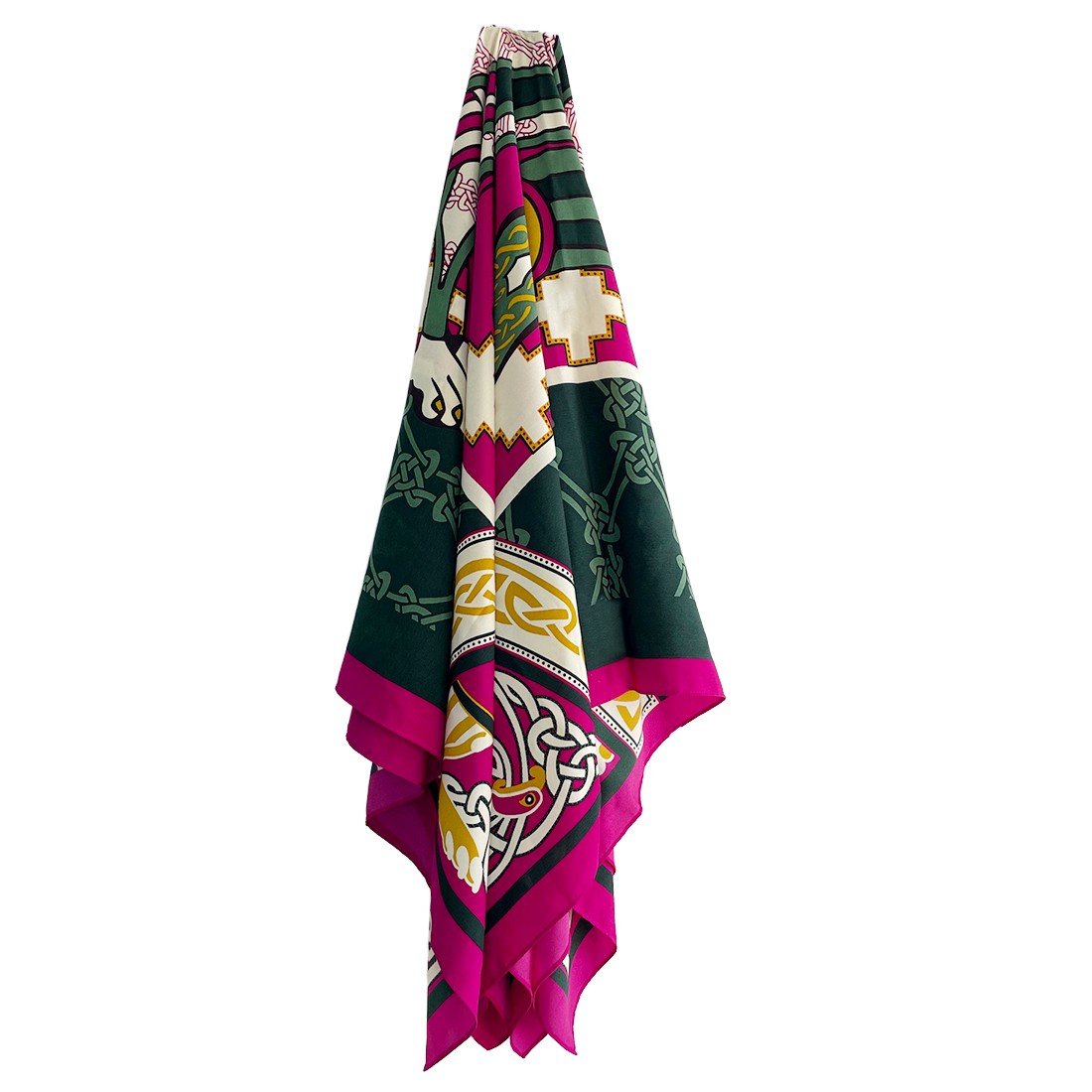 Book of Kells Bird Celtic Square Scarf in Pink & Bottle Green