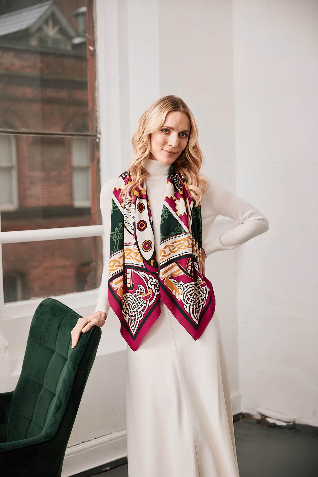 Book of Kells Bird Celtic Square Scarf in Pink & Bottle Green