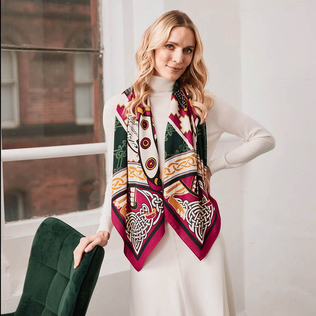 Book of Kells Bird Celtic Square Scarf in Pink & Bottle Green