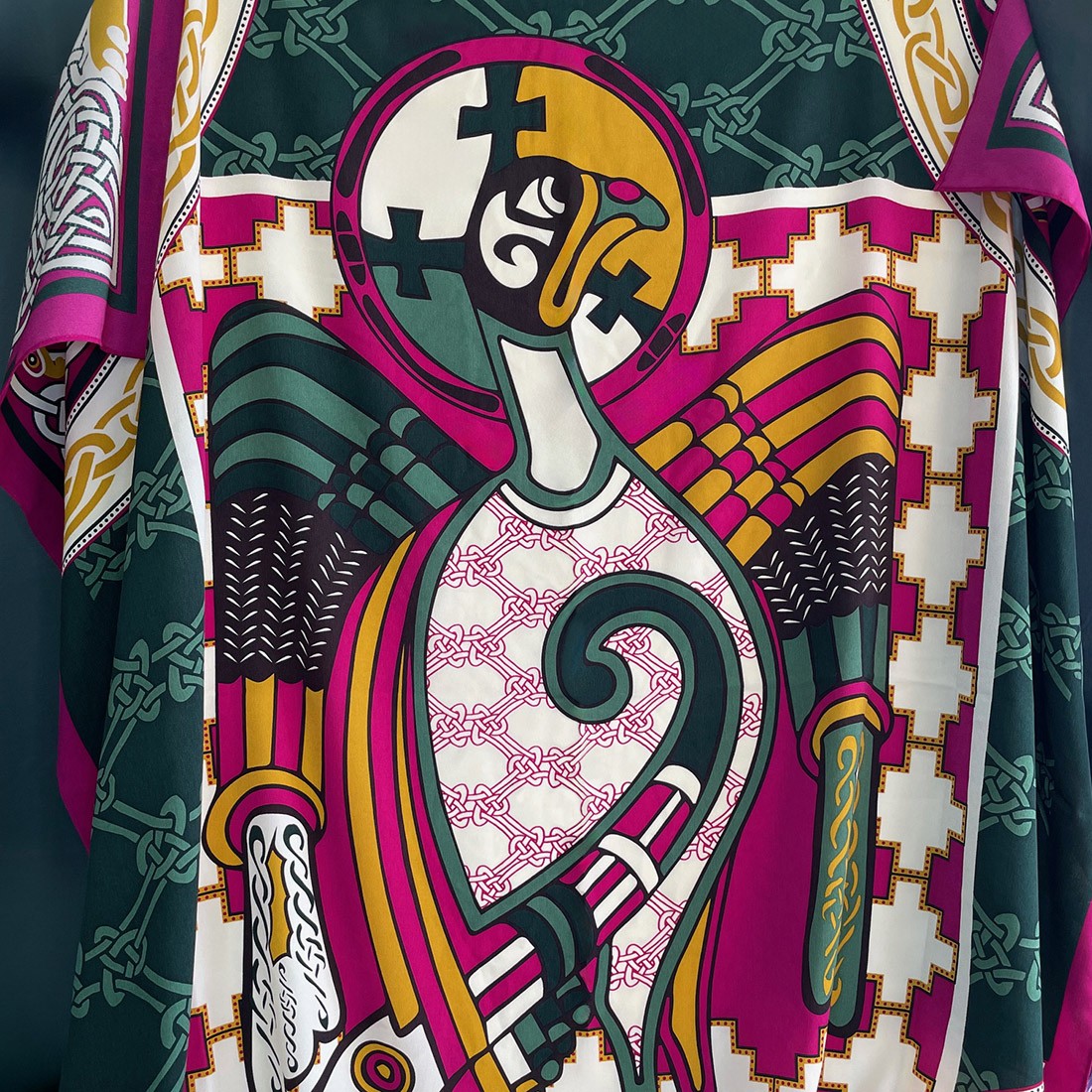 Book of Kells Bird Celtic Square Scarf in Pink & Bottle Green