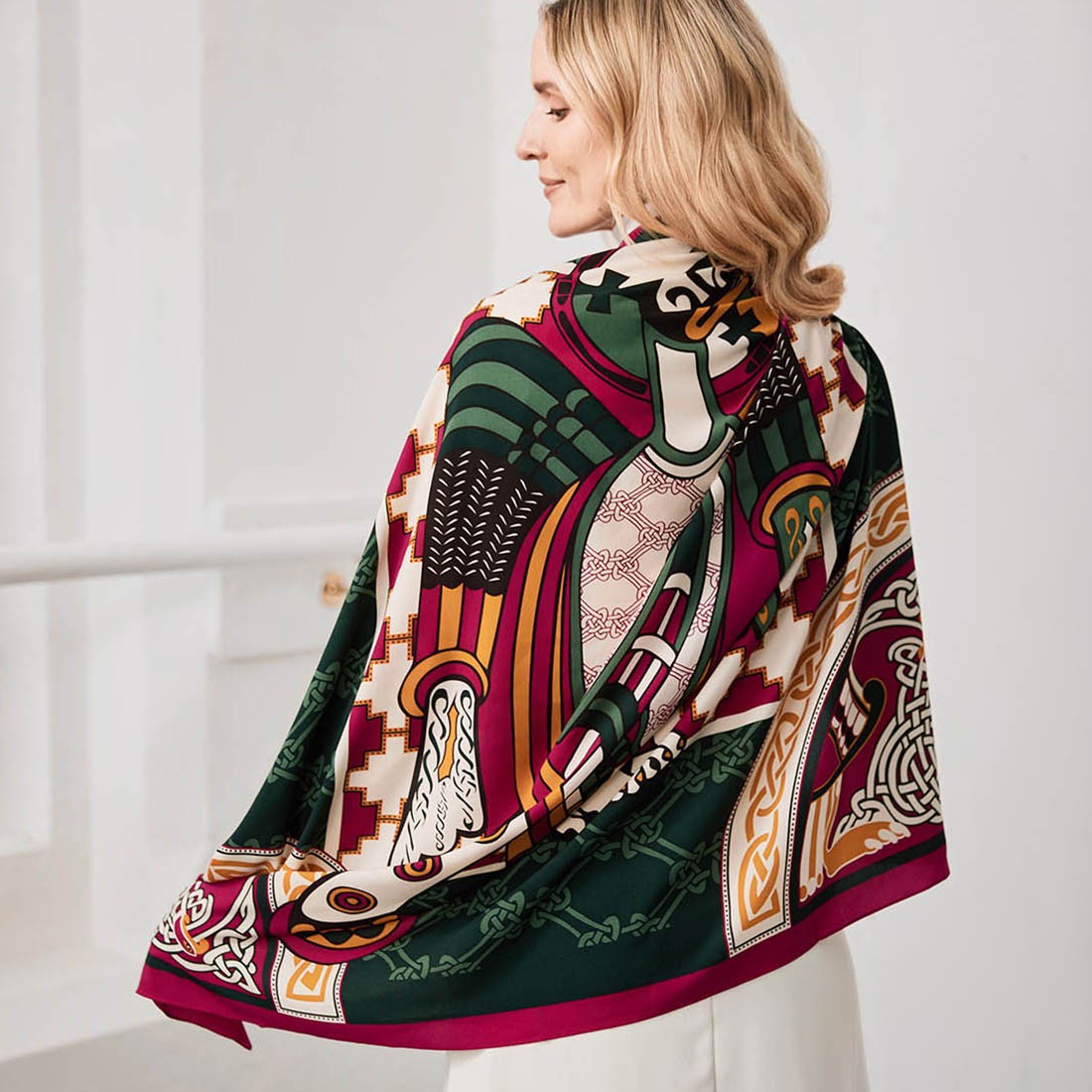 Book of Kells Bird Celtic Square Scarf in Pink & Bottle Green