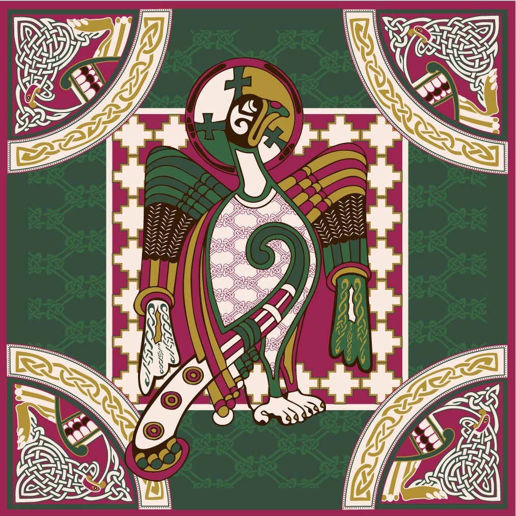 Book of Kells Bird Celtic Square Scarf in Pink & Bottle Green