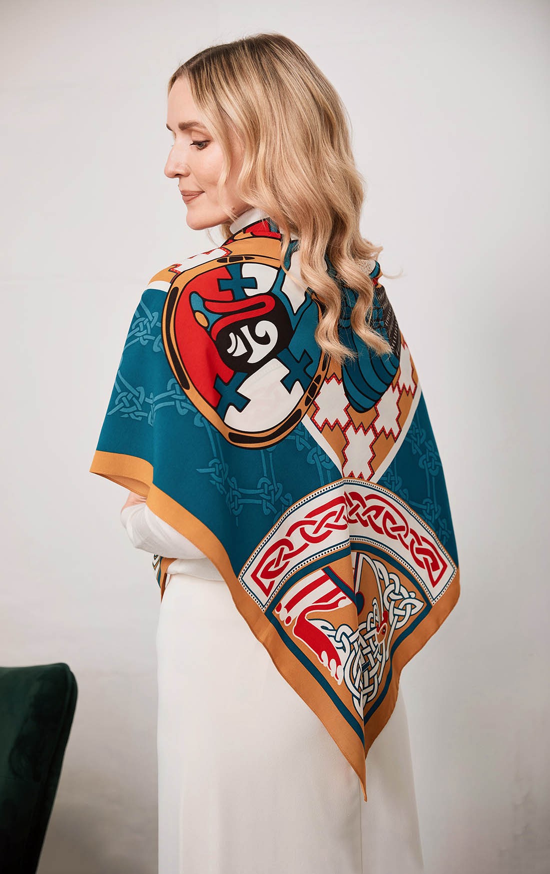 Book of Kells Bird Celtic Square Scarf in Teal & Gold