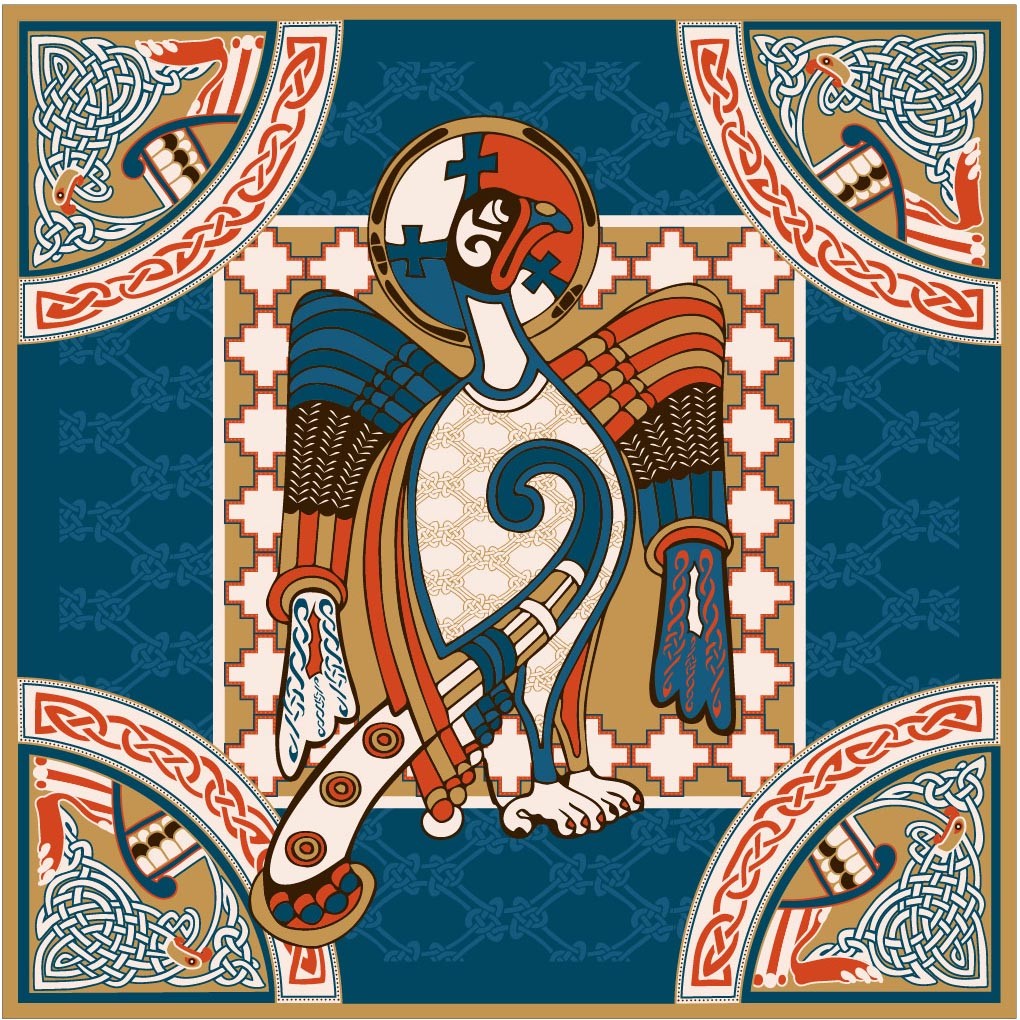 Book of Kells Bird Celtic Square Scarf in Teal & Gold