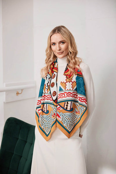 Book of Kells Bird Celtic Square Scarf in Teal & Gold