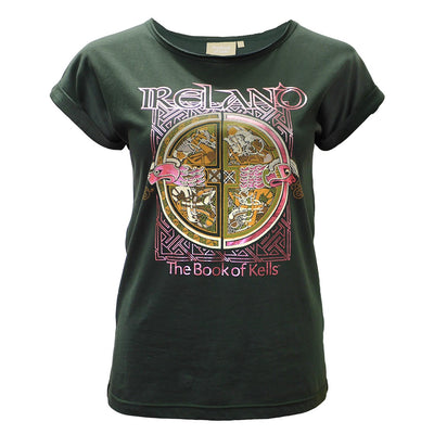 Book of Kells Bottle Green/ Rose Gold Foil Ireland Ladies T-shirt
