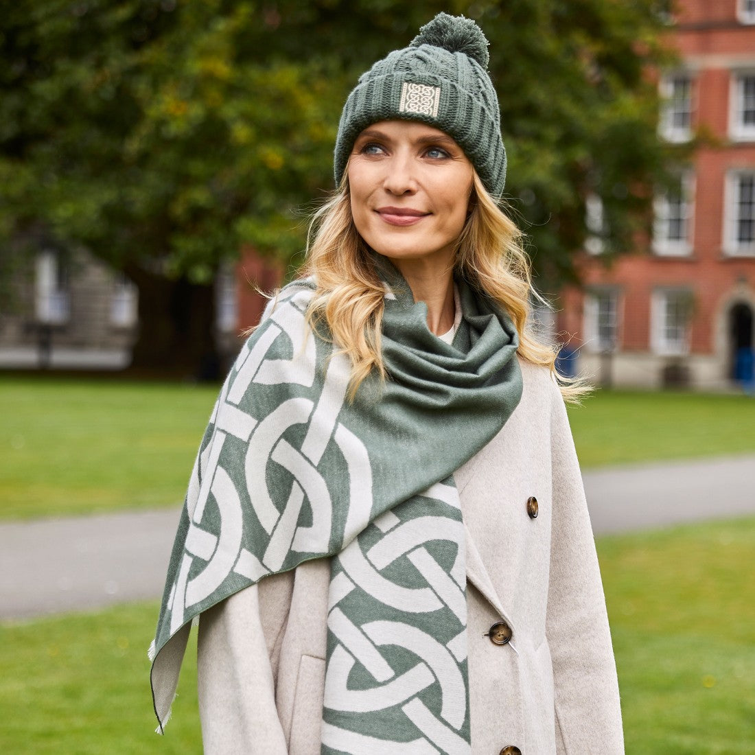 Book of Kells Cable Knit Bobble Hat in Thyme Green