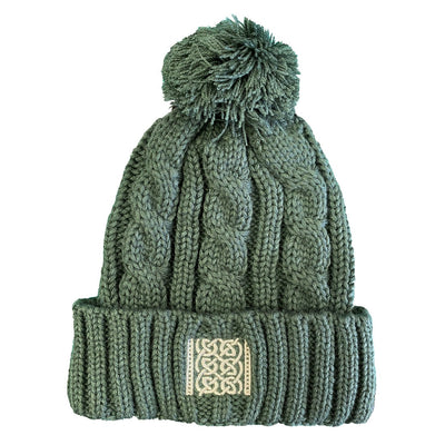 Book of Kells Cable Knit Bobble Hat in Thyme Green