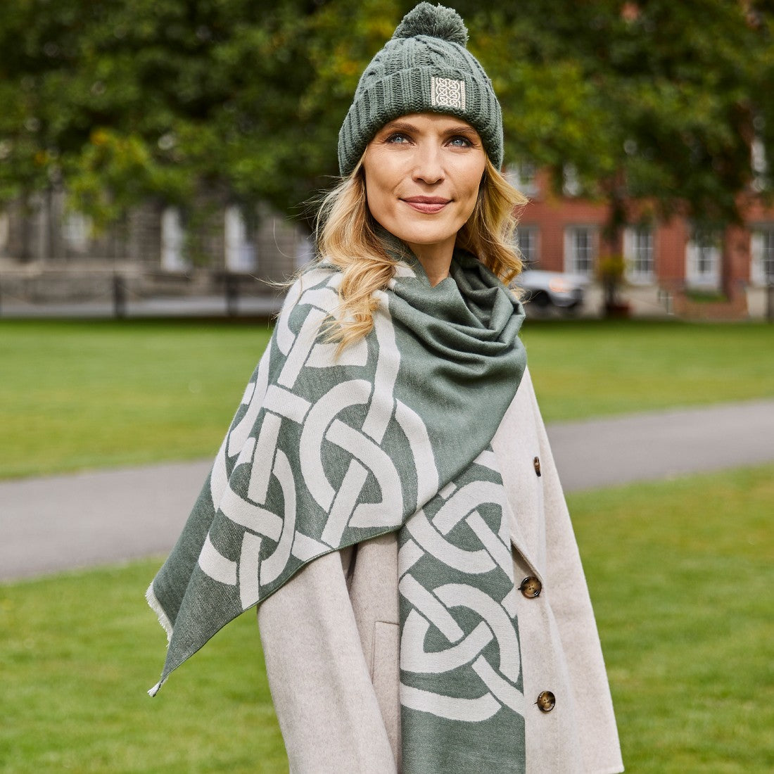 Book of Kells Cable Knit Bobble Hat in Thyme Green